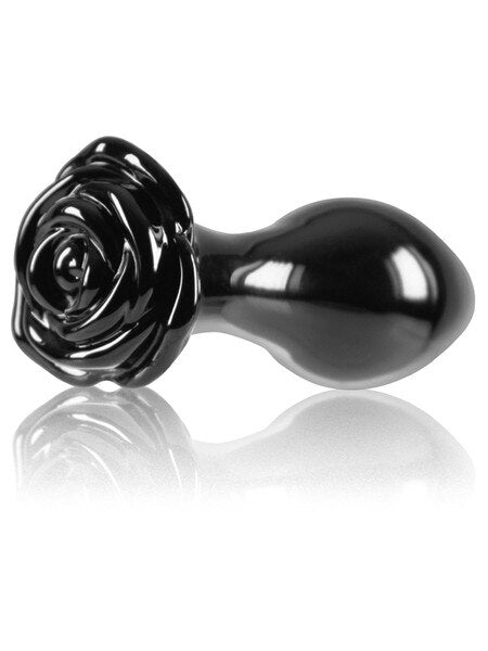 Black FlowerButt Plug large size - elegant glass anal toy with decorative flower