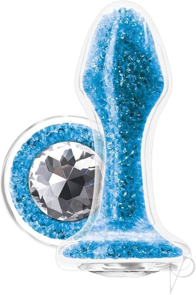 Stardust Glam Butt Plug in blue - crystal jeweled anal toy with flared safety base
