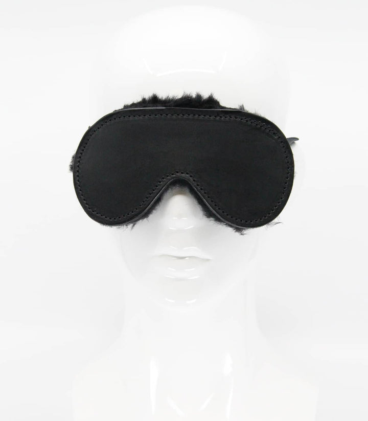 Sheepskin lined blindfold detail - comfortable leather blindfold with plush sheepskin interior