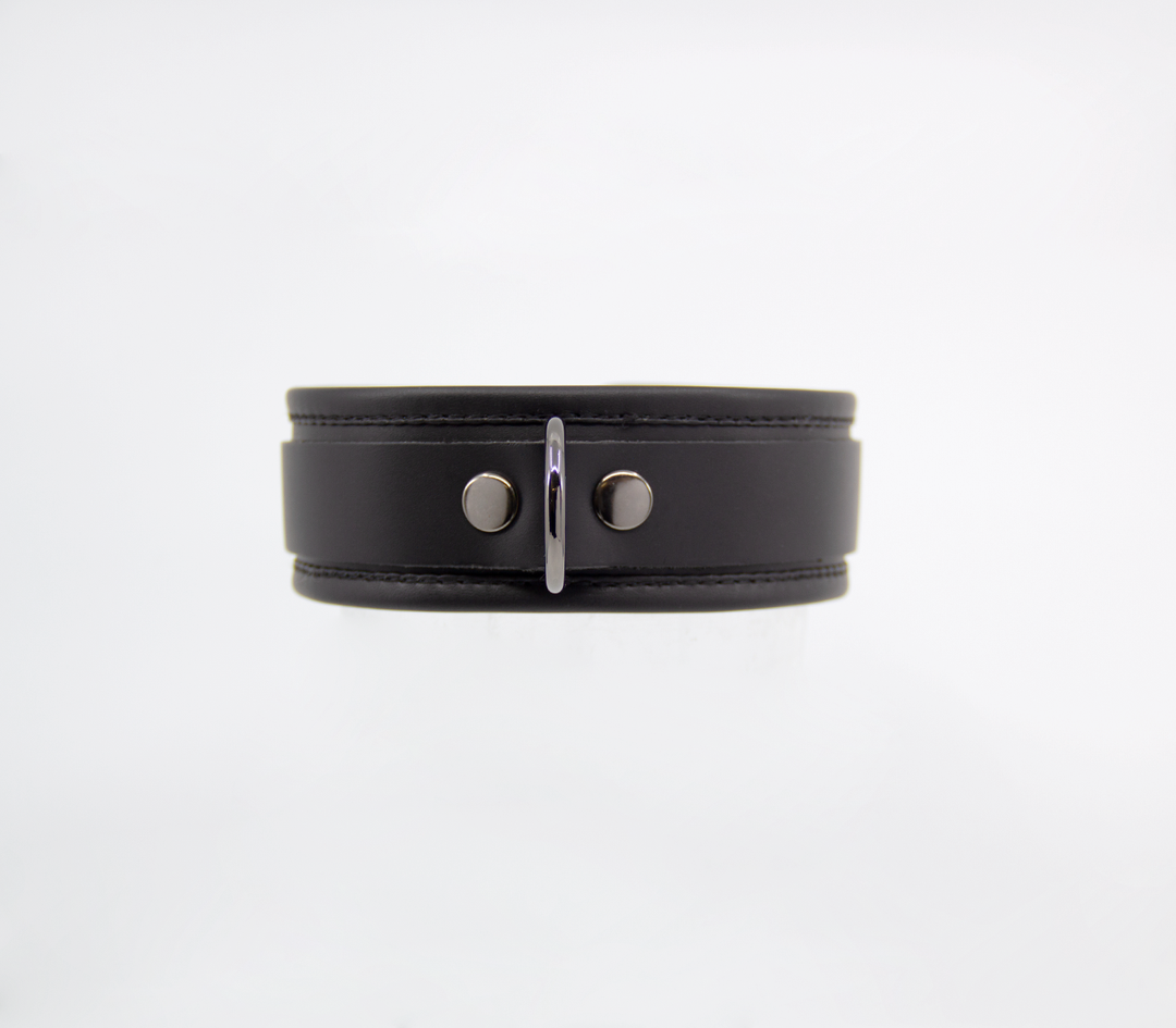 Premium leather collar product shot - black leather BDSM collar with premium metal hardware