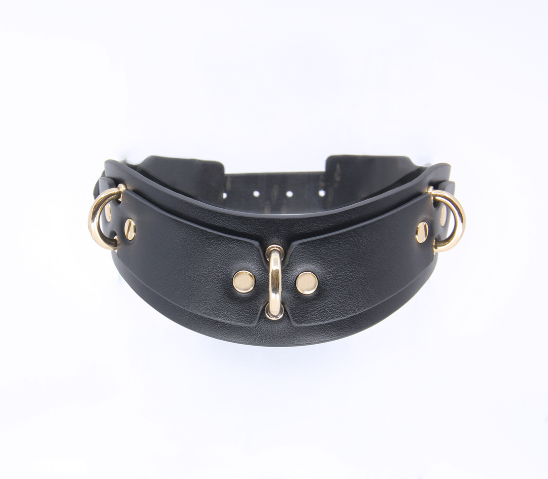 Love in Leather 3 ring posture collar - black leather BDSM collar with three metal D-rings
