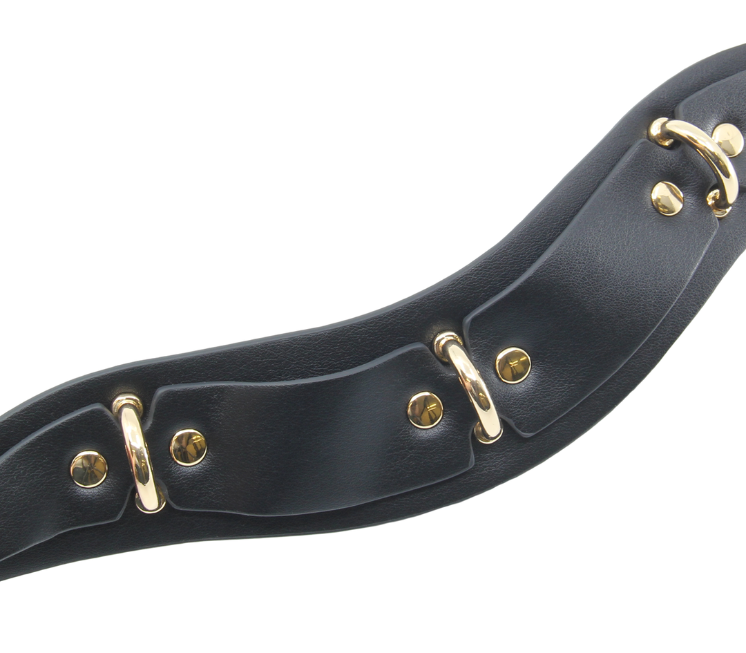 Posture collar detail view - showing triple ring design and leather construction for BDSM play