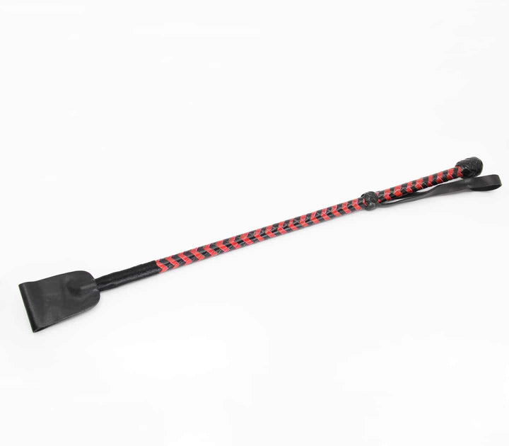 Love in Leather red and black leather crop - BDSM impact toy with braided handle and leather tab