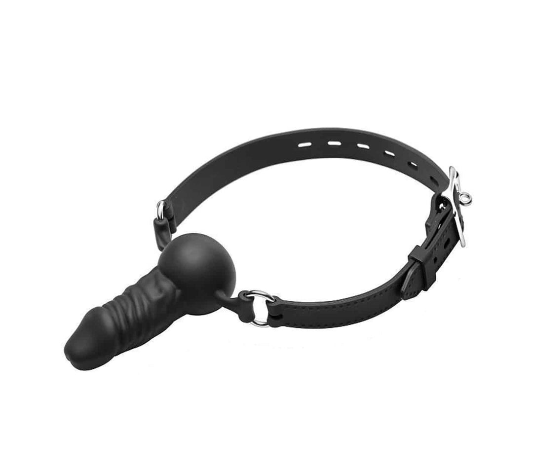 Love in Leather silicone penis mouth gag - realistic design with adjustable leather strap