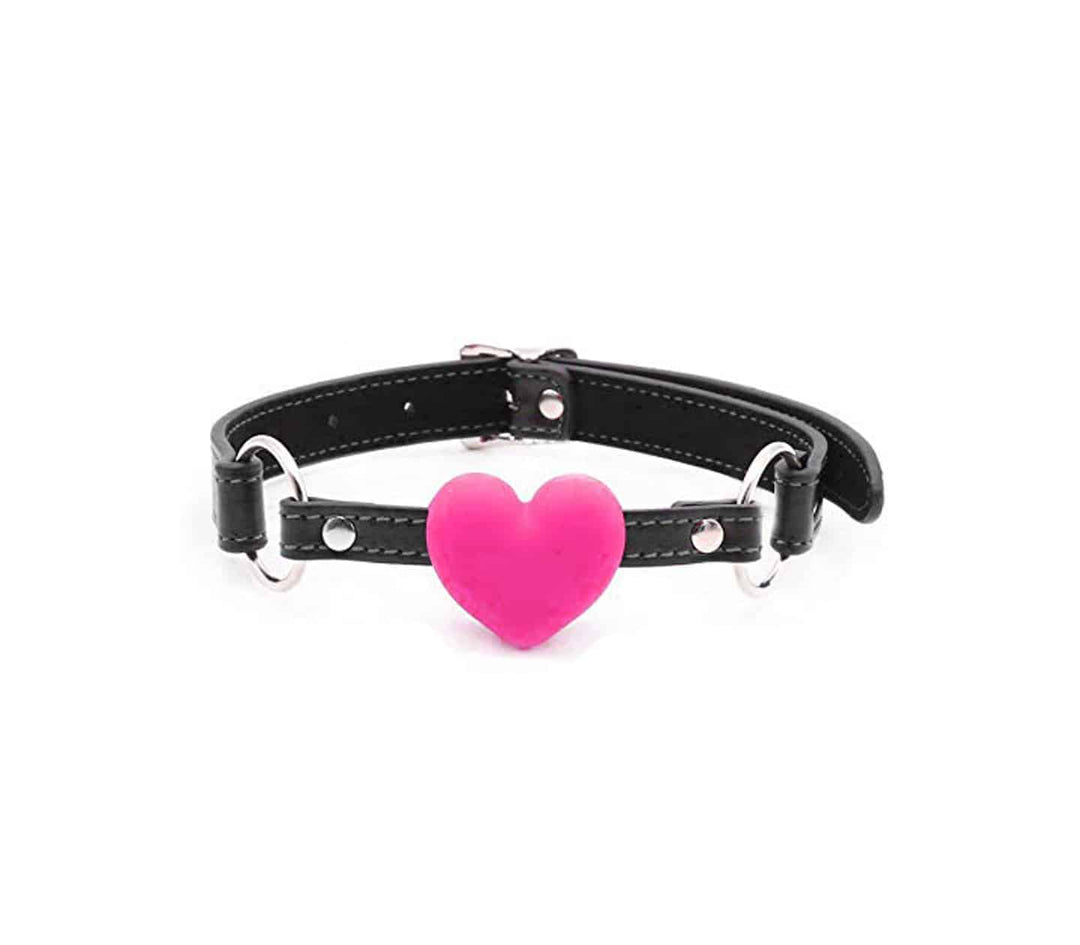 Love in Leather pink silicone heart gag with leather strap - romantic fetish accessory