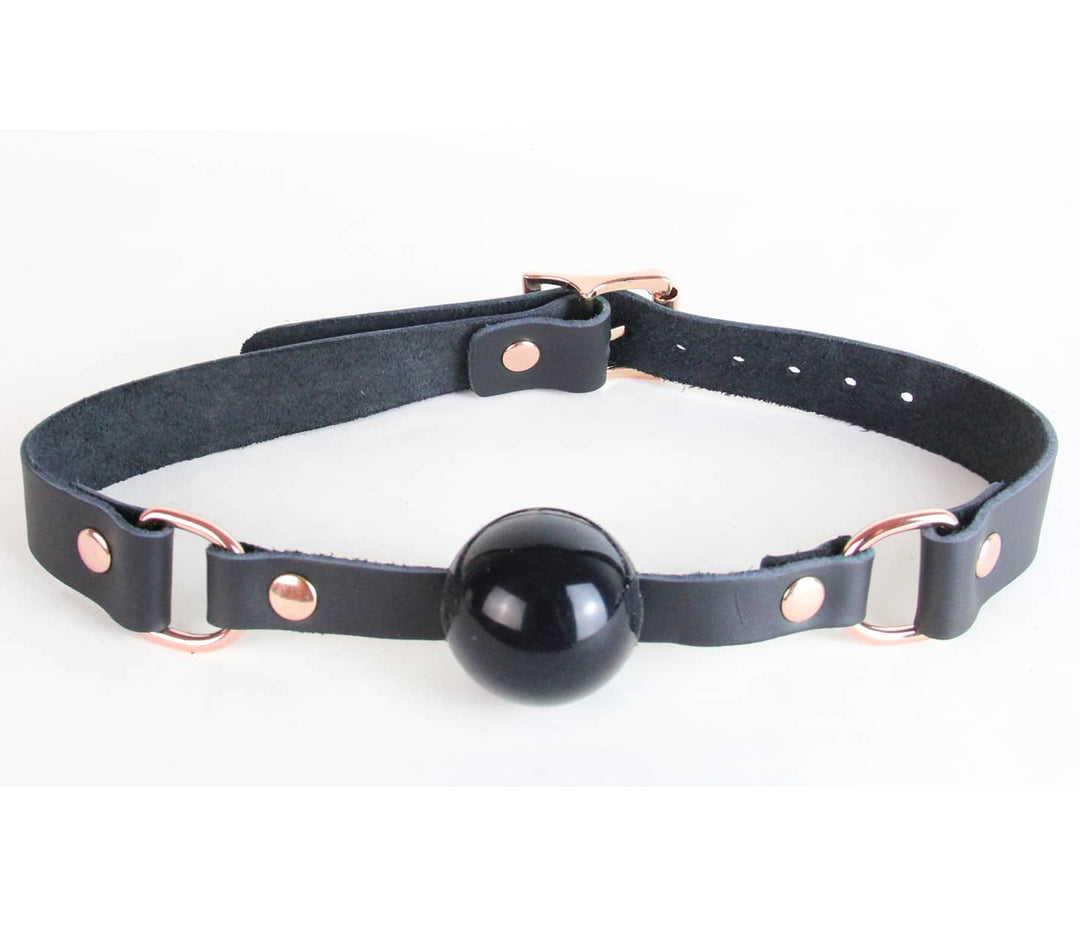 Love in Leather black leather ball gag with rose gold hardware - premium fetish accessory 