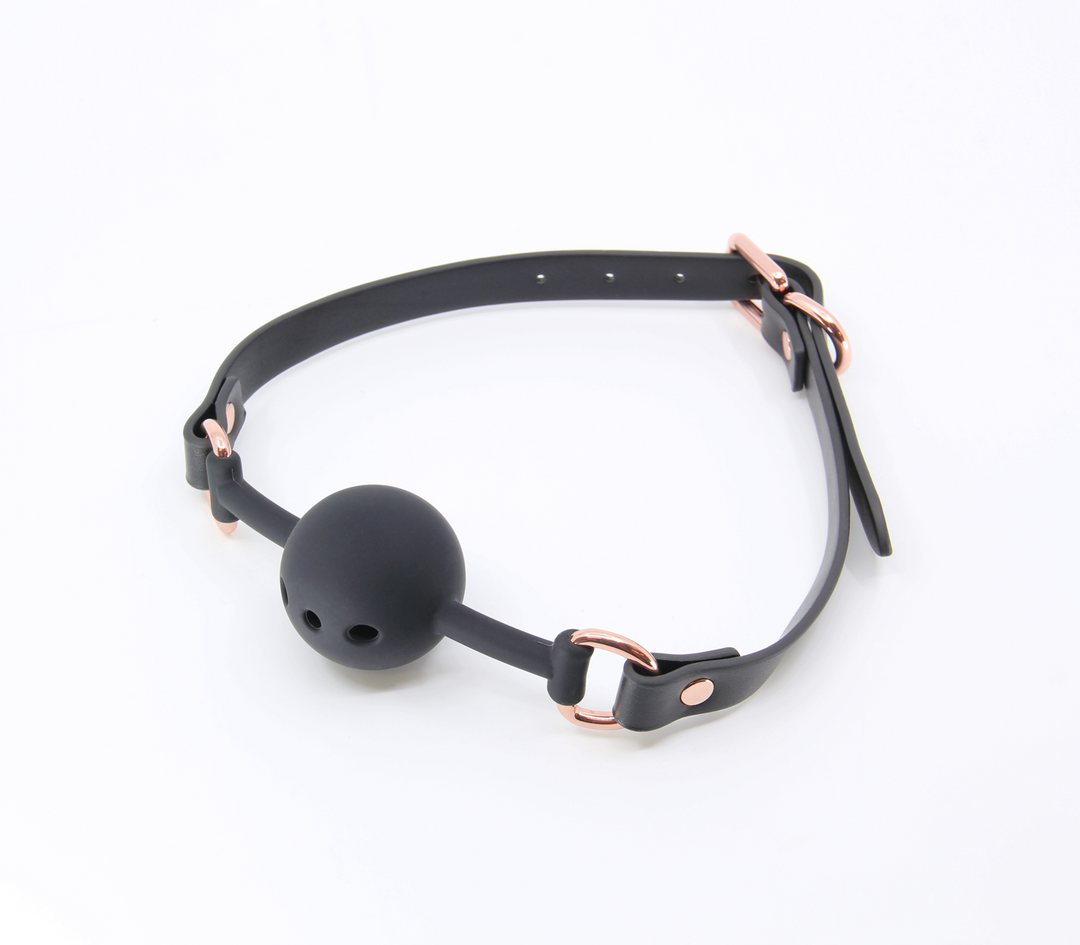 Love in Leather breathable ball gag with rose gold hardware - premium fetish accessory with airflow