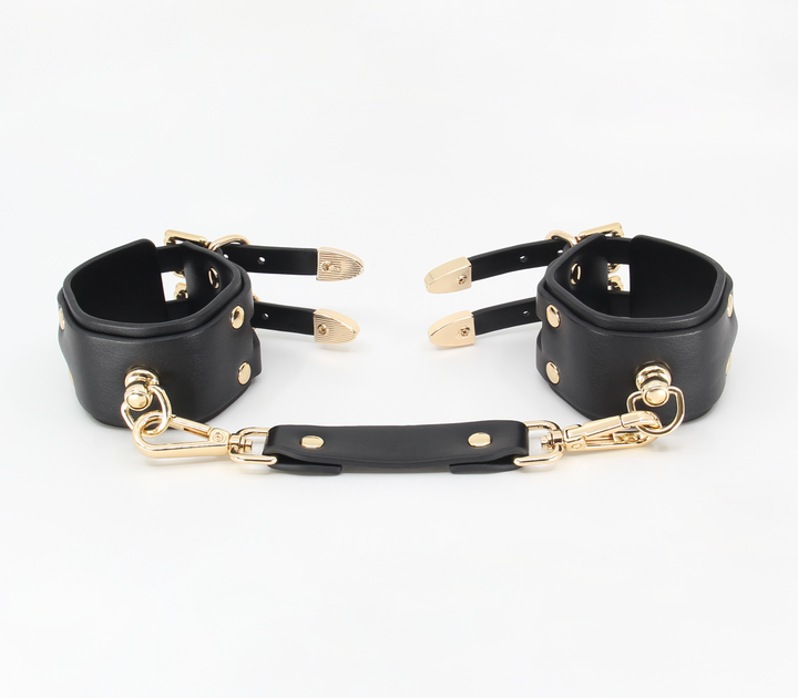 Love in Leather double strap cuffs with gold hardware - premium leather wrist restraints