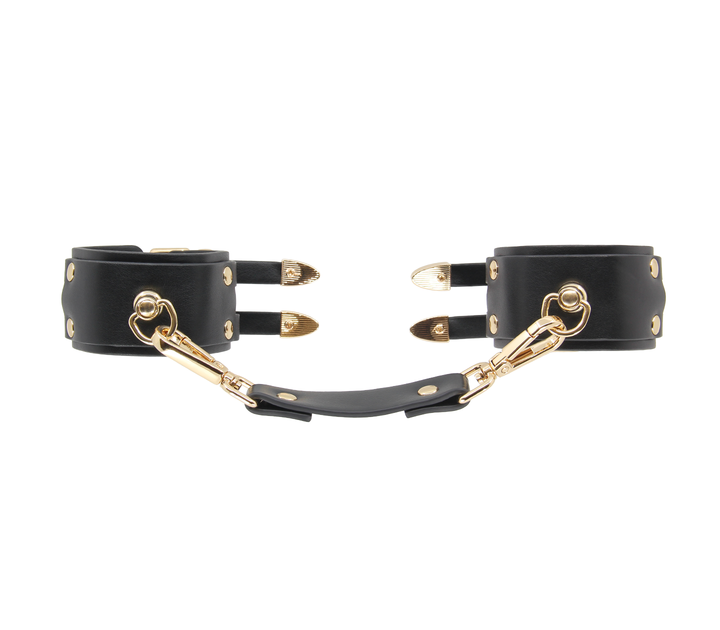 Double strap cuffs in black leather - comfortable BDSM wrist restraints with dual straps