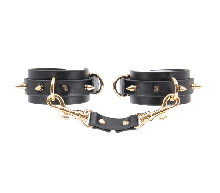Love in Leather spiked cuffs with gold hardware - black leather BDSM wrist restraints with metal spikes