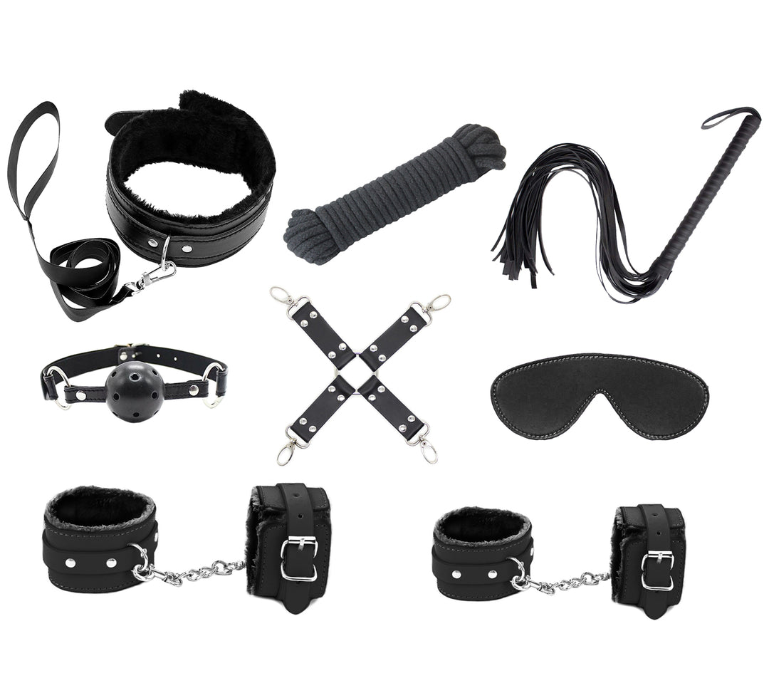 Love in Leather 9-piece bondage kit in black - complete faux leather BDSM set