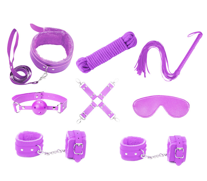 Love in Leather 9-piece bondage kit in purple - complete faux leather BDSM set