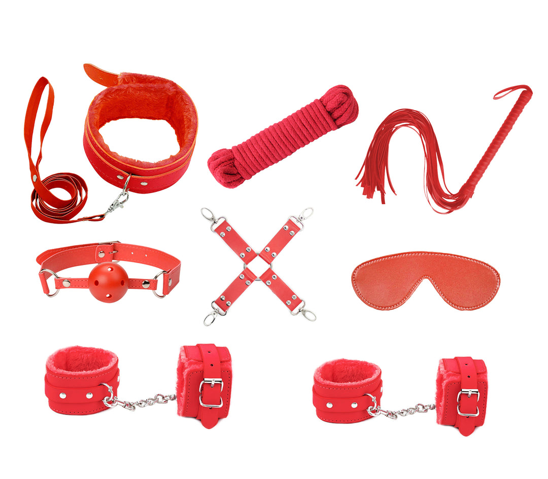 Love in Leather 9-piece bondage kit in red - complete faux leather BDSM set