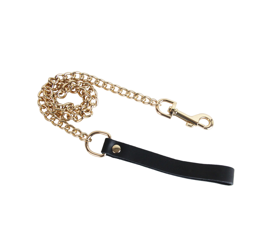 Love in Leather chain lead with gold hardware - leather handle BDSM leash with metal chain