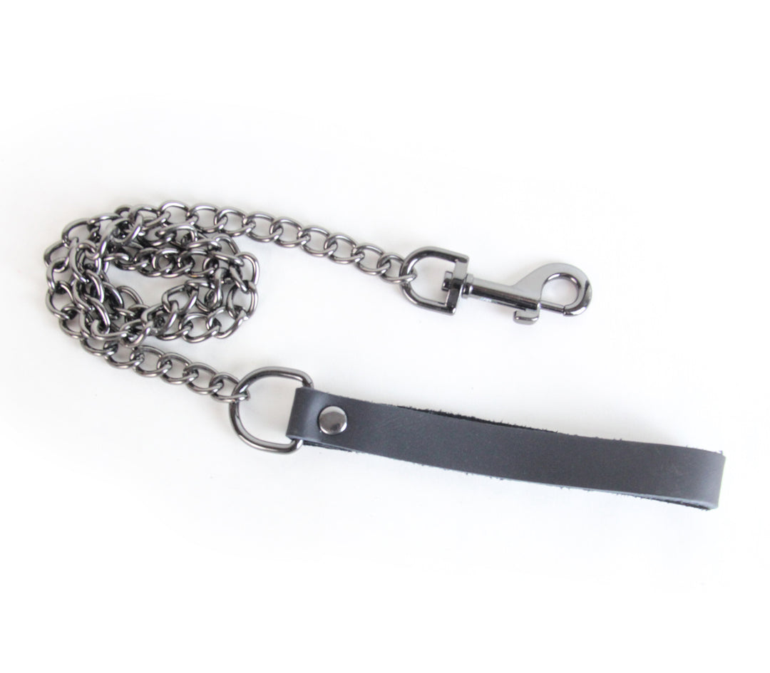Love in Leather chain lead with pewter hardware - metal chain leash with comfortable handle