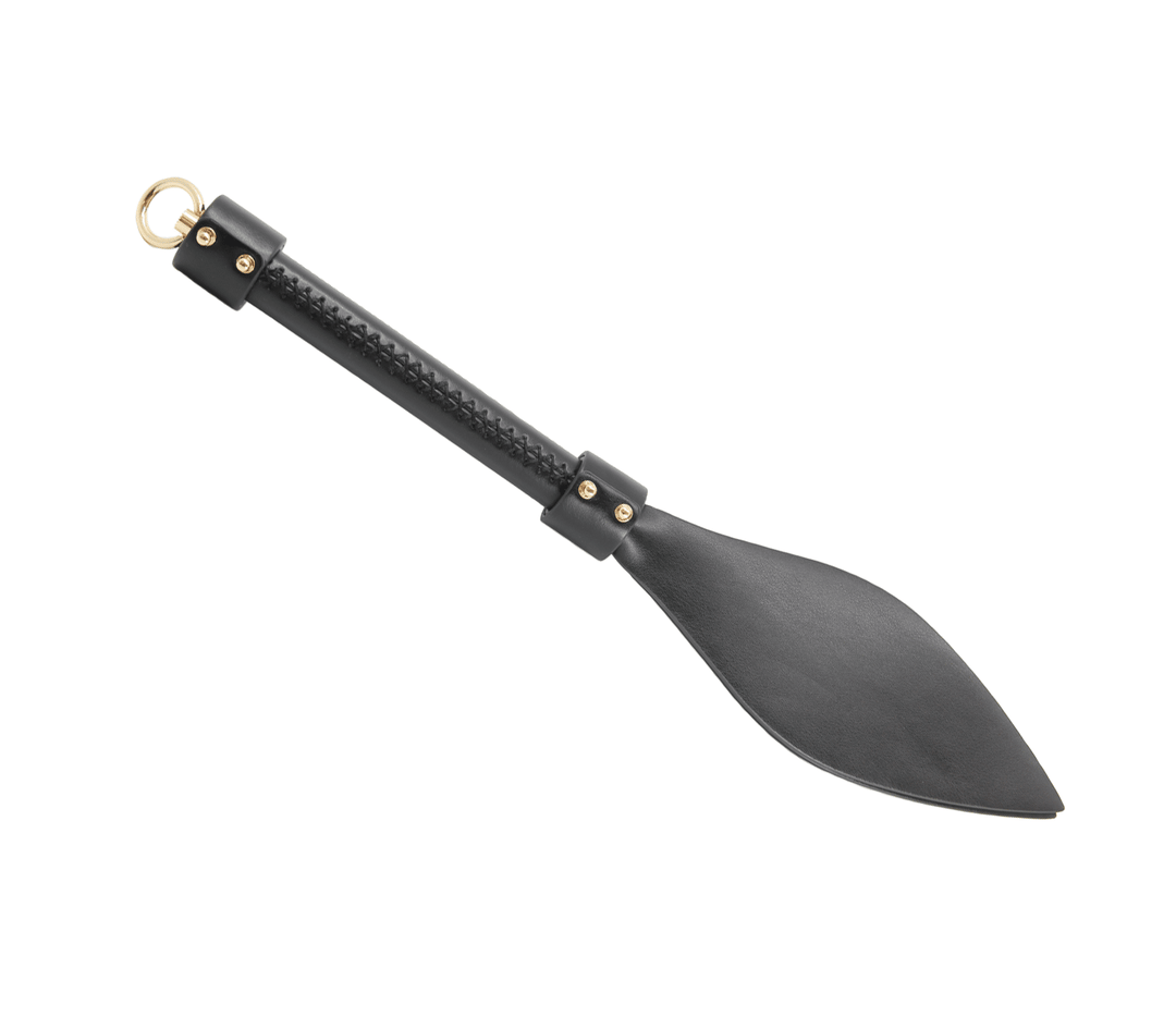 Love in Leather pointed paddle with gold hardware - tapered impact toy with metal accents