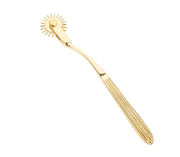 Love in Leather Wartenberg pinwheel in gold - medical grade sensation play wheel with sharp pins