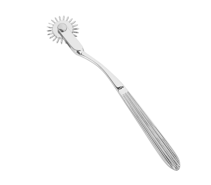 Love in Leather Wartenberg pinwheel in silver - medical grade sensation play wheel with sharp pins