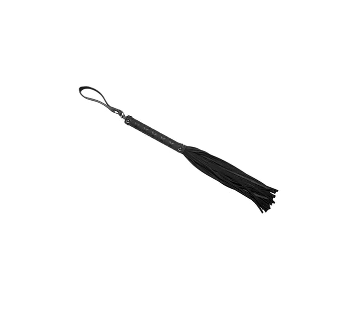 Love in Leather black suede flogger - rubber handle whip with soft suede tails and swivel toggle