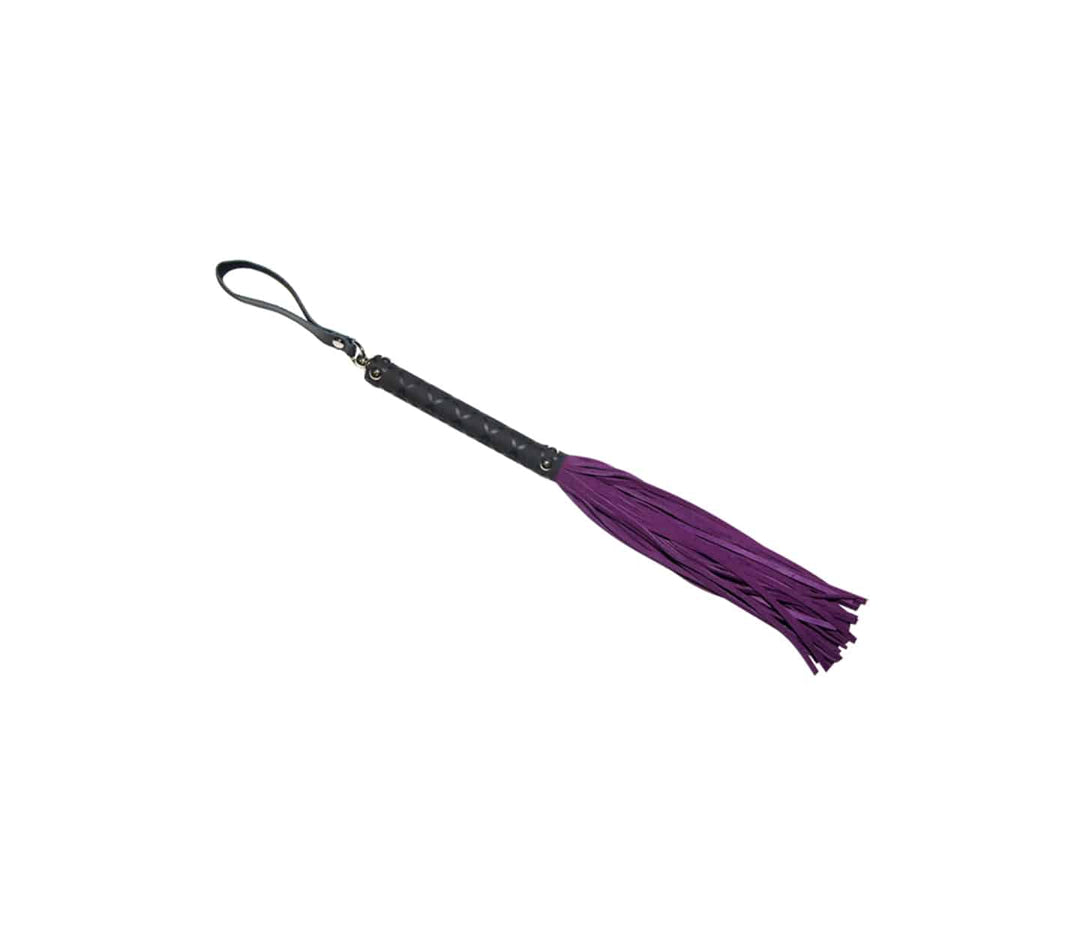 Love in Leather purple suede flogger - rubber handle whip with soft suede tails and swivel toggle