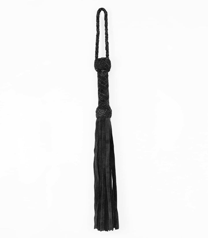 Love in Leather heavy black suede flogger 75cm - braided handle whip with thick suede tails