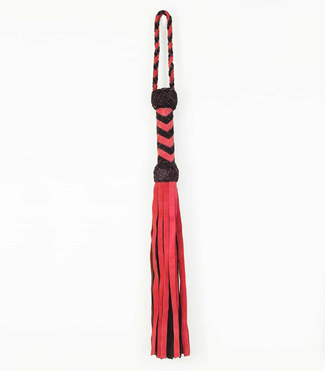 Love in Leather heavy red suede flogger 75cm - braided handle whip with thick suede tails